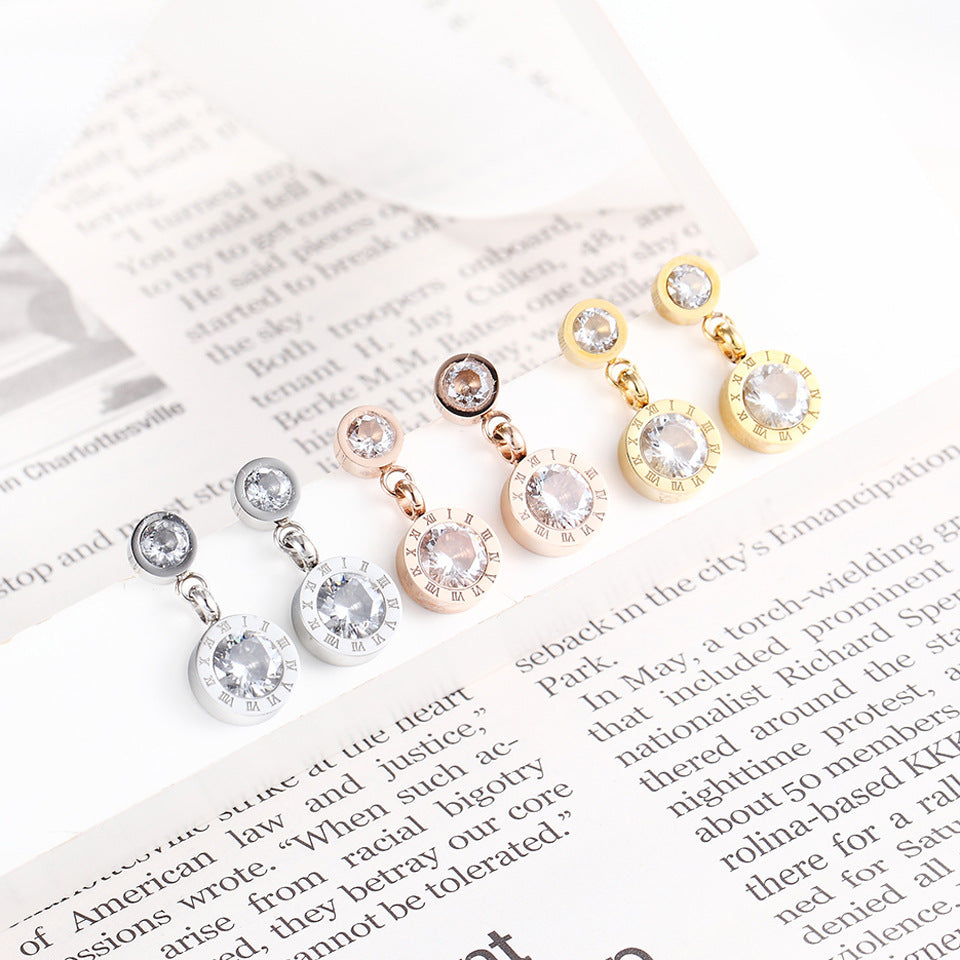 New fashionable zircon earrings, Roman numerals diamond-set stainless steel earrings, titanium steel stud earrings wholesale