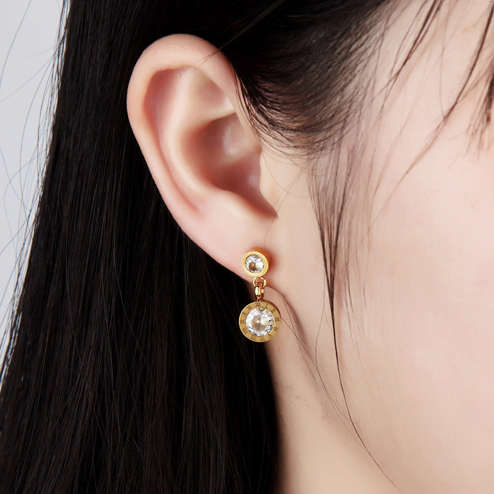New fashionable zircon earrings, Roman numerals diamond-set stainless steel earrings, titanium steel stud earrings wholesale