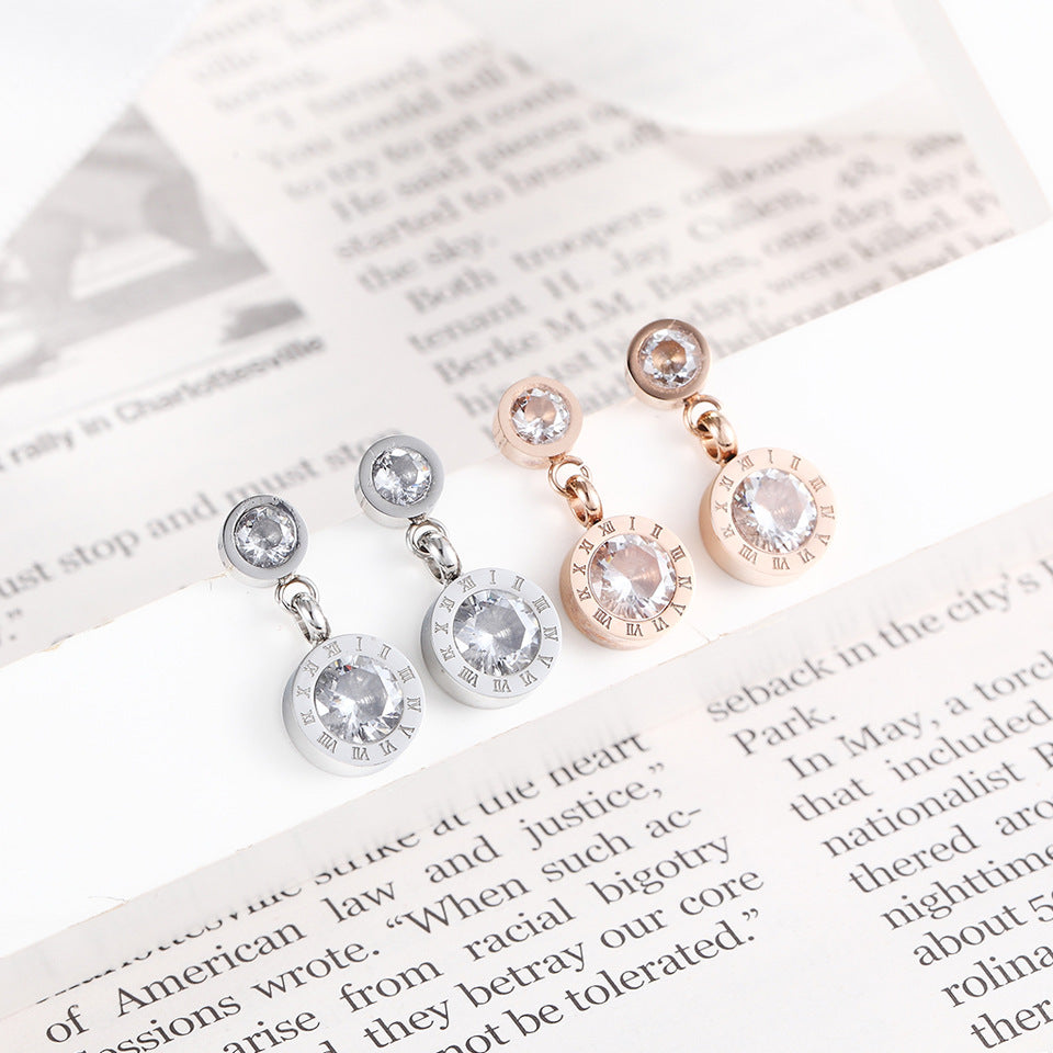 New fashionable zircon earrings, Roman numerals diamond-set stainless steel earrings, titanium steel stud earrings wholesale