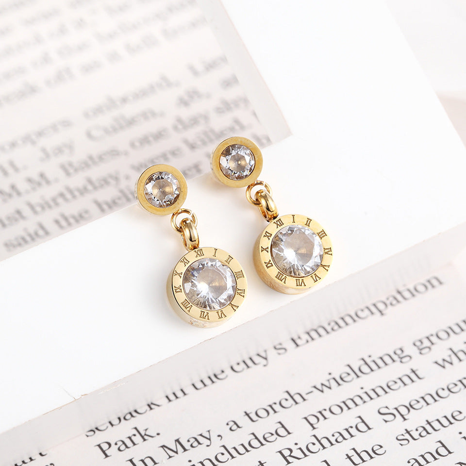 New fashionable zircon earrings, Roman numerals diamond-set stainless steel earrings, titanium steel stud earrings wholesale