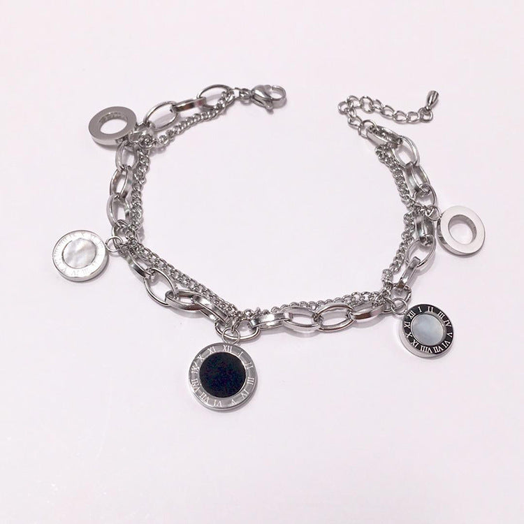 Roman Numerals Round Coin Hollow Black and White Shell Agate Double Bracelet