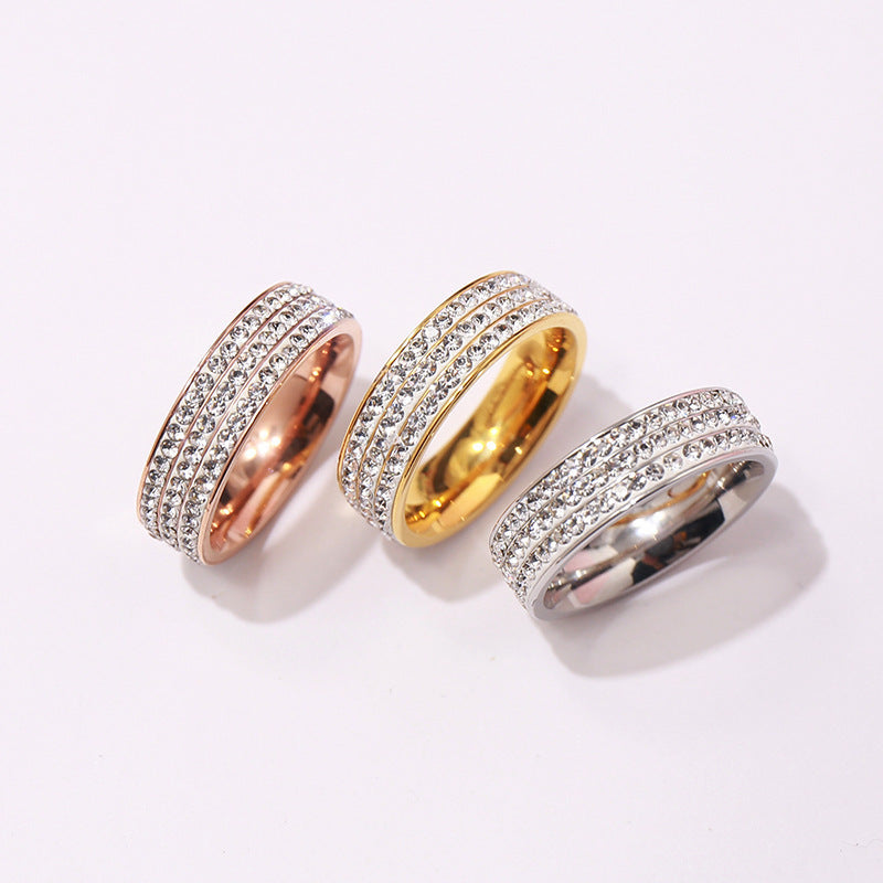 Fashion titanium steel jewelry, exquisite shining three rows of non-fading rings, the same index finger ring for men and women