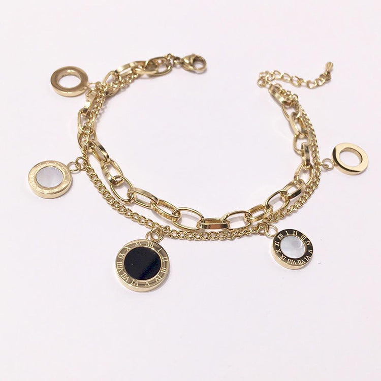 Roman Numerals Round Coin Hollow Black and White Shell Agate Double Bracelet