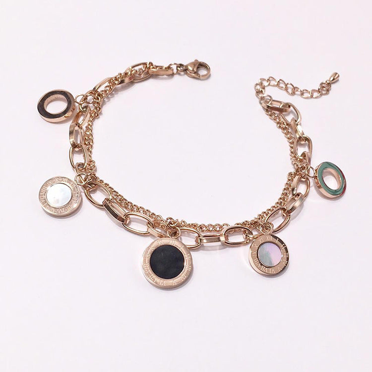 Roman Numerals Round Coin Hollow Black and White Shell Agate Double Bracelet