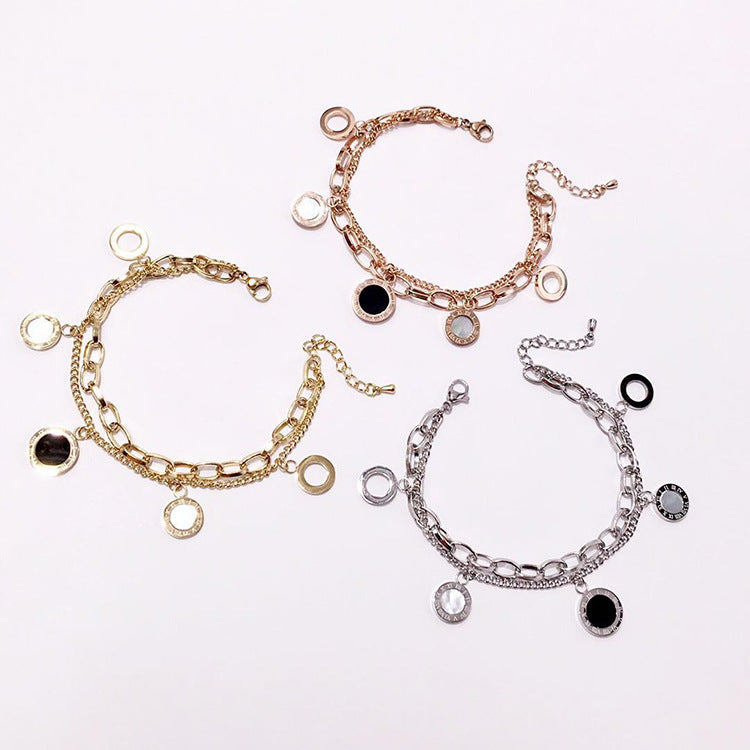 Roman Numerals Round Coin Hollow Black and White Shell Agate Double Bracelet