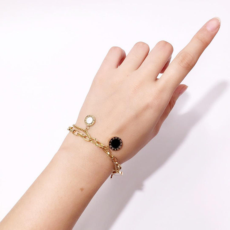 Roman Numerals Round Coin Hollow Black and White Shell Agate Double Bracelet