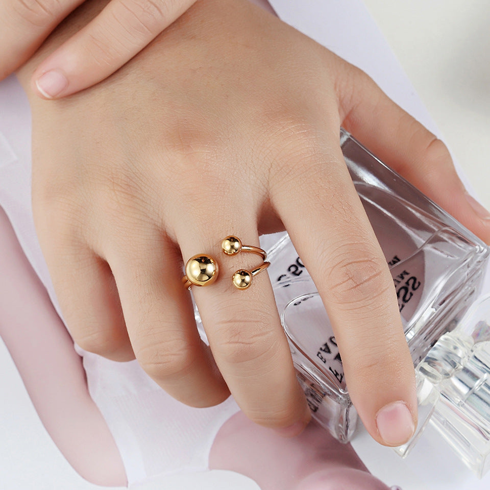 Japanese and Korean version of personalized versatile titanium steel minimalist geometric small round beads double line stainless steel hipster index finger ring women