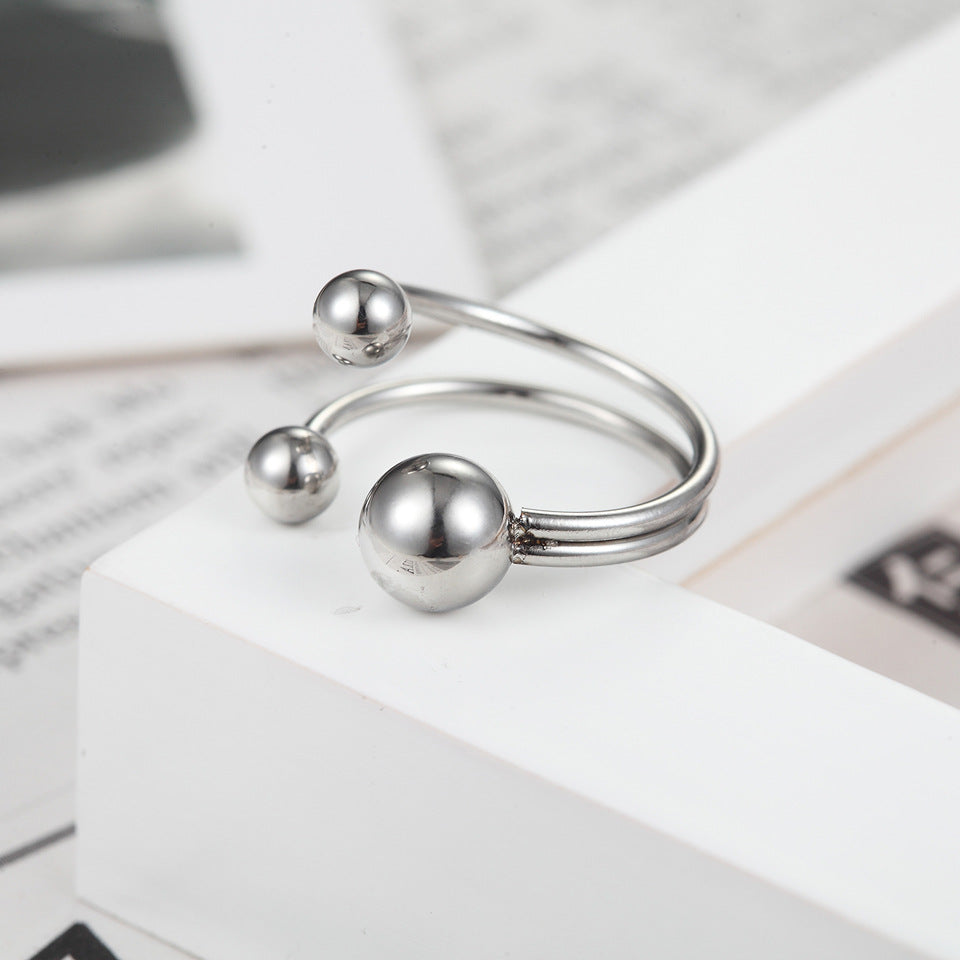 Japanese and Korean version of personalized versatile titanium steel minimalist geometric small round beads double line stainless steel hipster index finger ring women