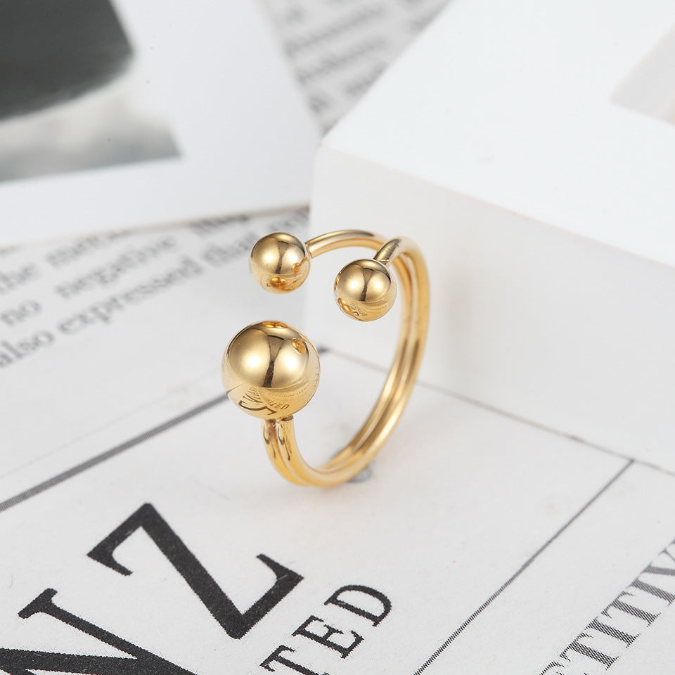 Japanese and Korean version of personalized versatile titanium steel minimalist geometric small round beads double line stainless steel hipster index finger ring women