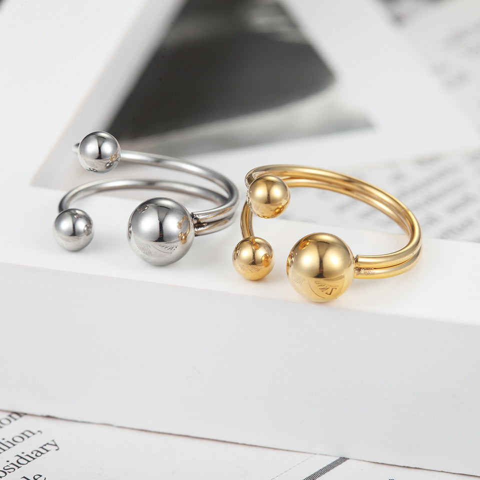 Japanese and Korean version of personalized versatile titanium steel minimalist geometric small round beads double line stainless steel hipster index finger ring women
