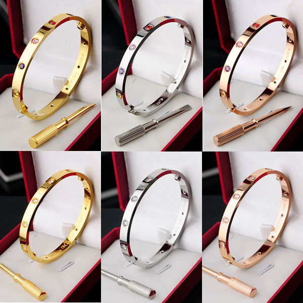 European and American titanium steel fifth-generation ten-diamond bracelet, all-white diamond colored diamond couple bracelet with screwdriver
