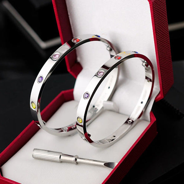 European and American titanium steel fifth-generation ten-diamond bracelet, all-white diamond colored diamond couple bracelet with screwdriver