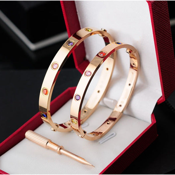 European and American titanium steel fifth-generation ten-diamond bracelet, all-white diamond colored diamond couple bracelet with screwdriver