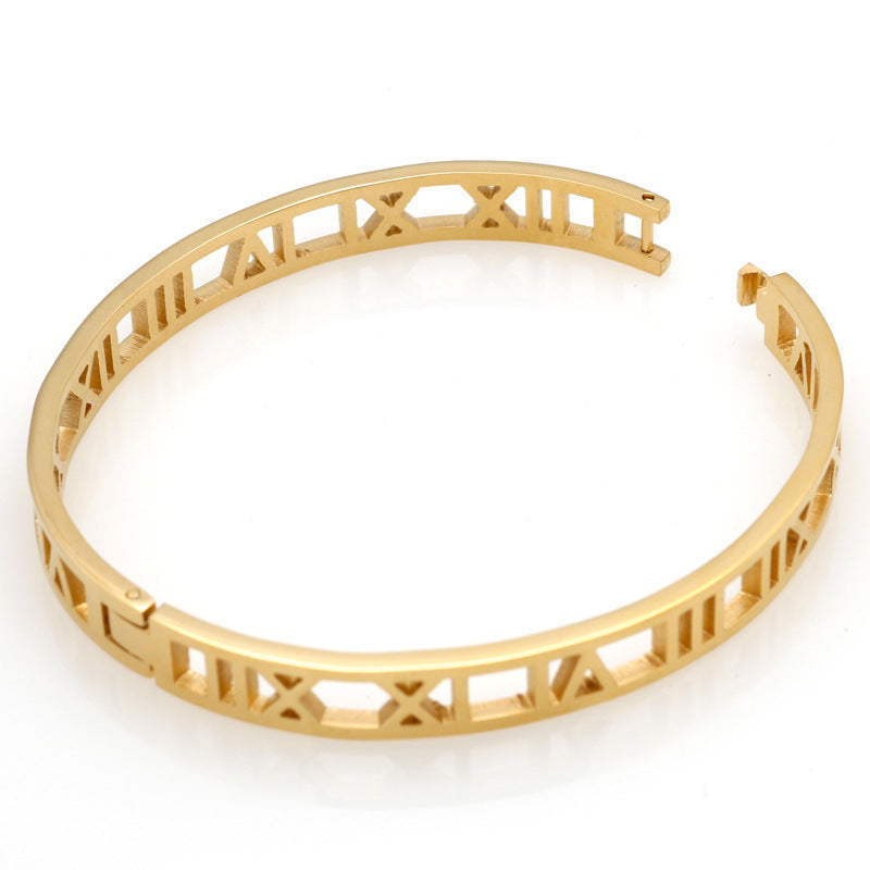Hollow Roman Numeral Bangle Bracelet for Women Titanium Steel 18K Rose Gold Plated Buckle Fashion Jewelry Gift for Women and Girls