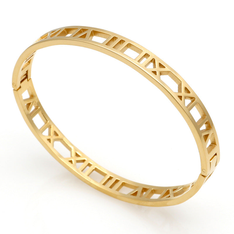 Hollow Roman Numeral Bangle Bracelet for Women Titanium Steel 18K Rose Gold Plated Buckle Fashion Jewelry Gift for Women and Girls