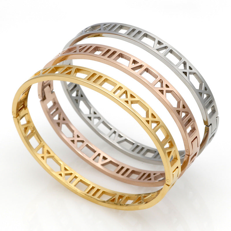Hollow Roman Numeral Bangle Bracelet for Women Titanium Steel 18K Rose Gold Plated Buckle Fashion Jewelry Gift for Women and Girls