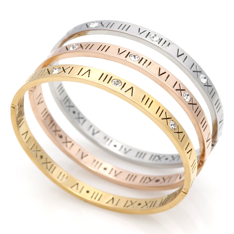 New Titanium Steel Roman Numeral Diamond Enlaid Rose Gold Bracelet Female Roman Numeral Text Zircon Couple Bracelet