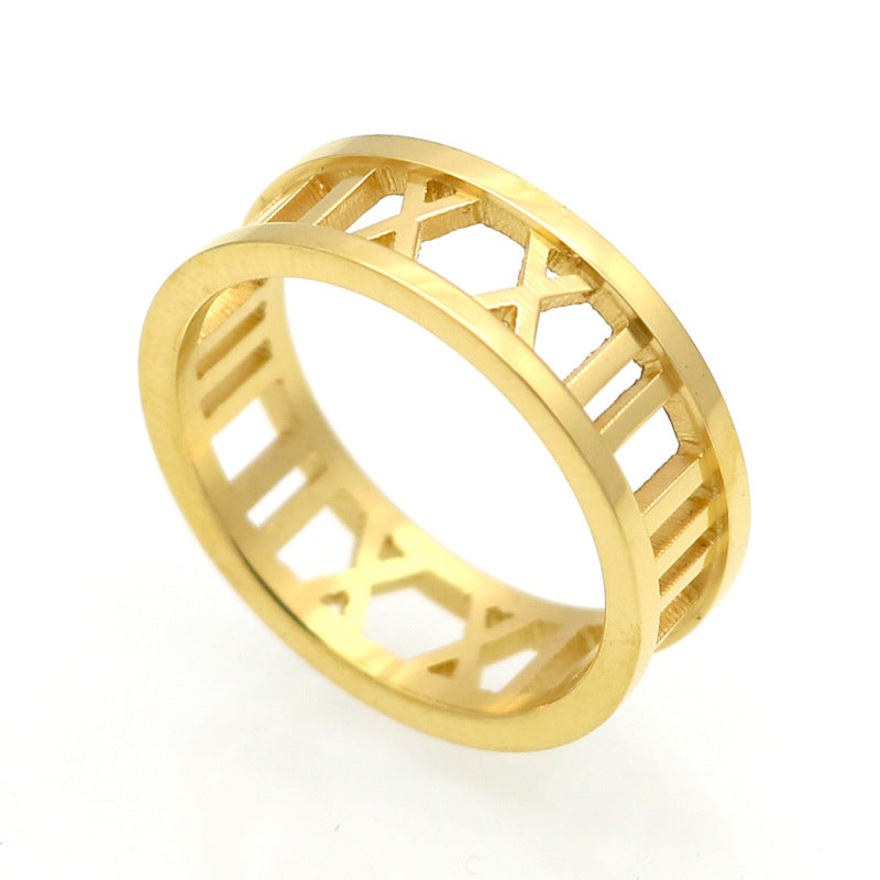 Hollow Roman rose gold plated digital ring, colored gold ring fashionable wear accessories