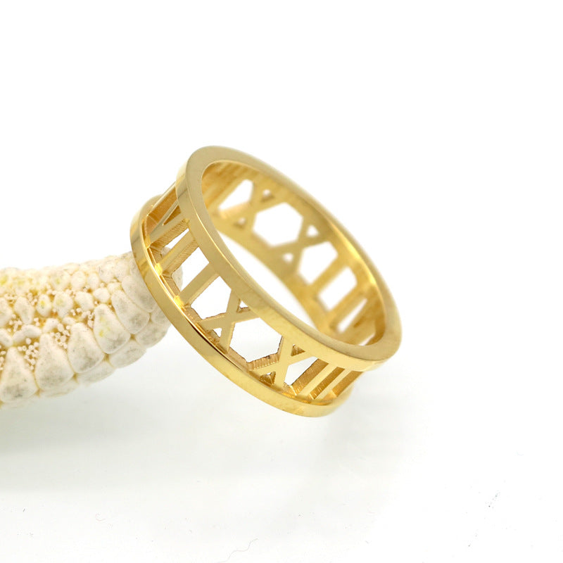 Hollow Roman rose gold plated digital ring, colored gold ring fashionable wear accessories