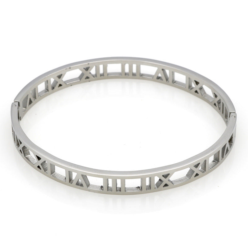 Hollow Roman Numeral Bangle Bracelet for Women Titanium Steel 18K Rose Gold Plated Buckle Fashion Jewelry Gift for Women and Girls