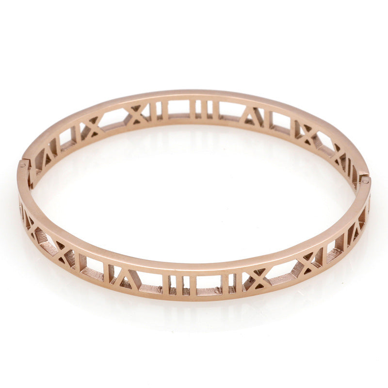 Hollow Roman Numeral Bangle Bracelet for Women Titanium Steel 18K Rose Gold Plated Buckle Fashion Jewelry Gift for Women and Girls