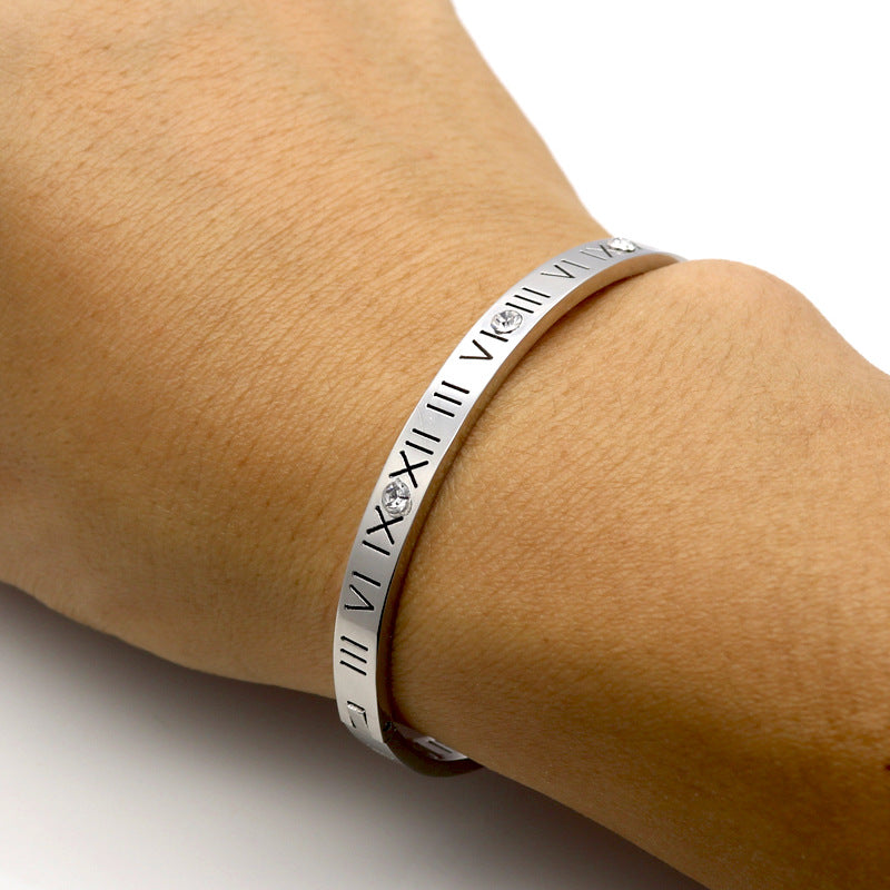 New Titanium Steel Roman Numeral Diamond Enlaid Rose Gold Bracelet Female Roman Numeral Text Zircon Couple Bracelet