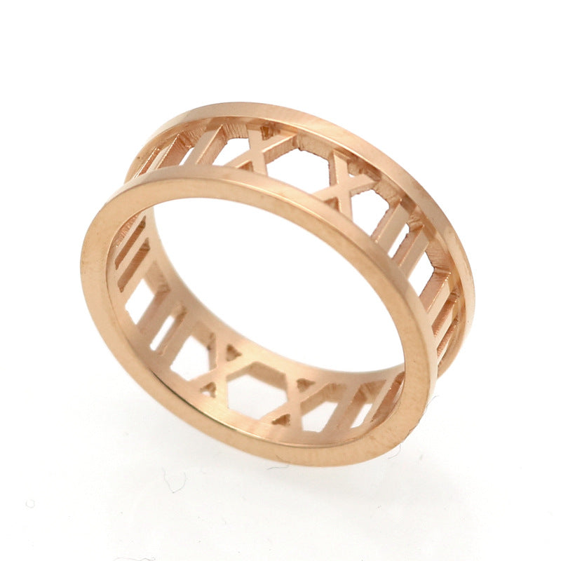 Hollow Roman rose gold plated digital ring, colored gold ring fashionable wear accessories