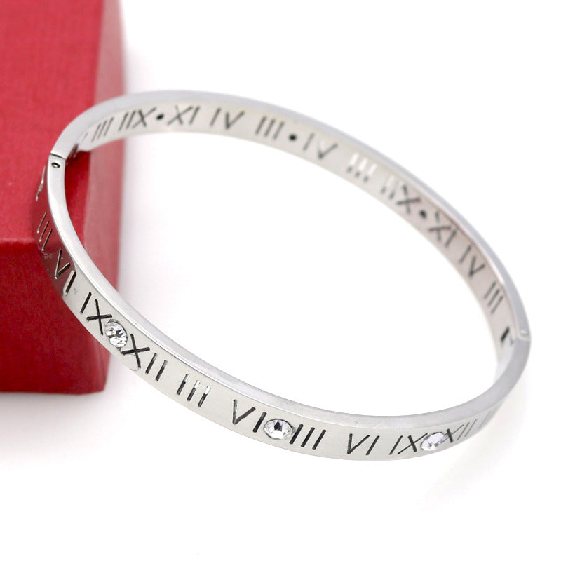 New Titanium Steel Roman Numeral Diamond Enlaid Rose Gold Bracelet Female Roman Numeral Text Zircon Couple Bracelet