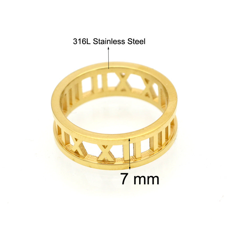 Hollow Roman rose gold plated digital ring, colored gold ring fashionable wear accessories