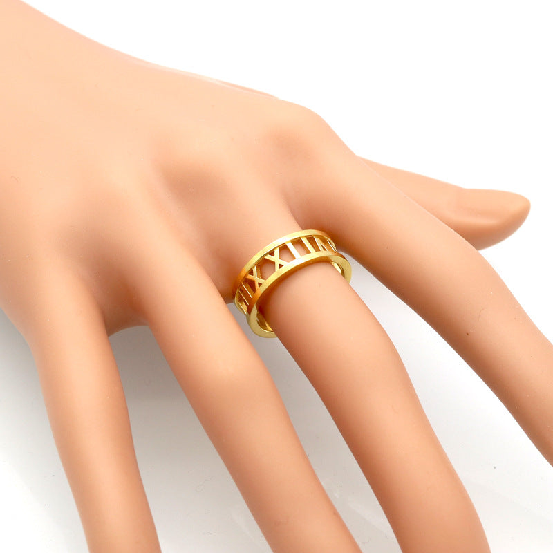 Hollow Roman rose gold plated digital ring, colored gold ring fashionable wear accessories
