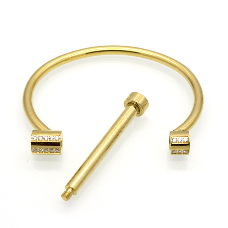 New titanium steel D-shaped horseshoe buckle diamond-encrusted gold-plated bracelet female screw stainless steel jewelry zircon couple bracelet