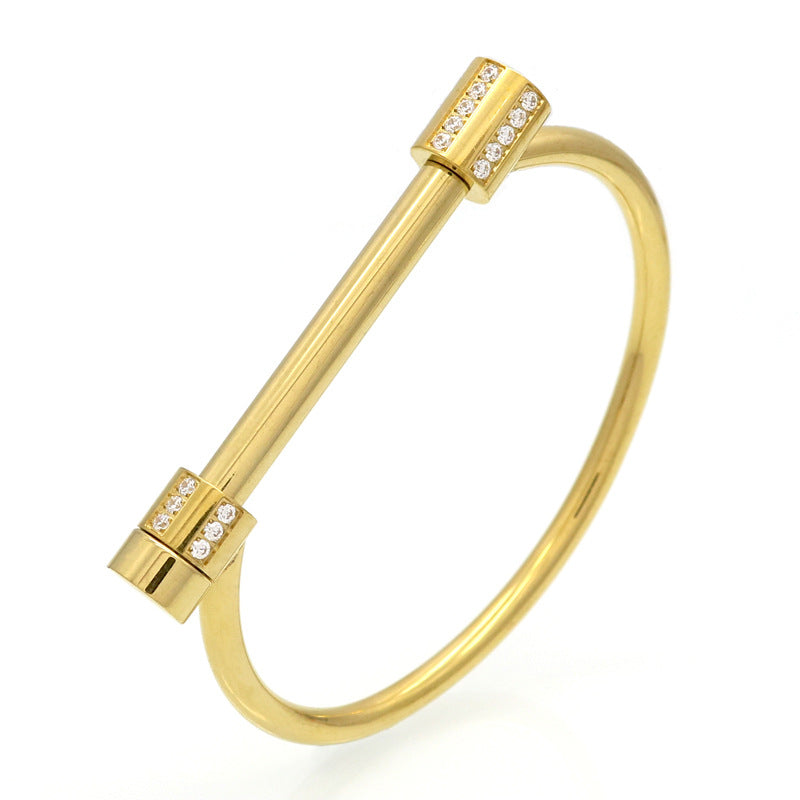 New titanium steel D-shaped horseshoe buckle diamond-encrusted gold-plated bracelet female screw stainless steel jewelry zircon couple bracelet