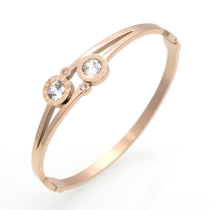 New Roman letter set double diamond zircon bracelet with snap opening titanium rose gold stainless steel bracelet accessory
