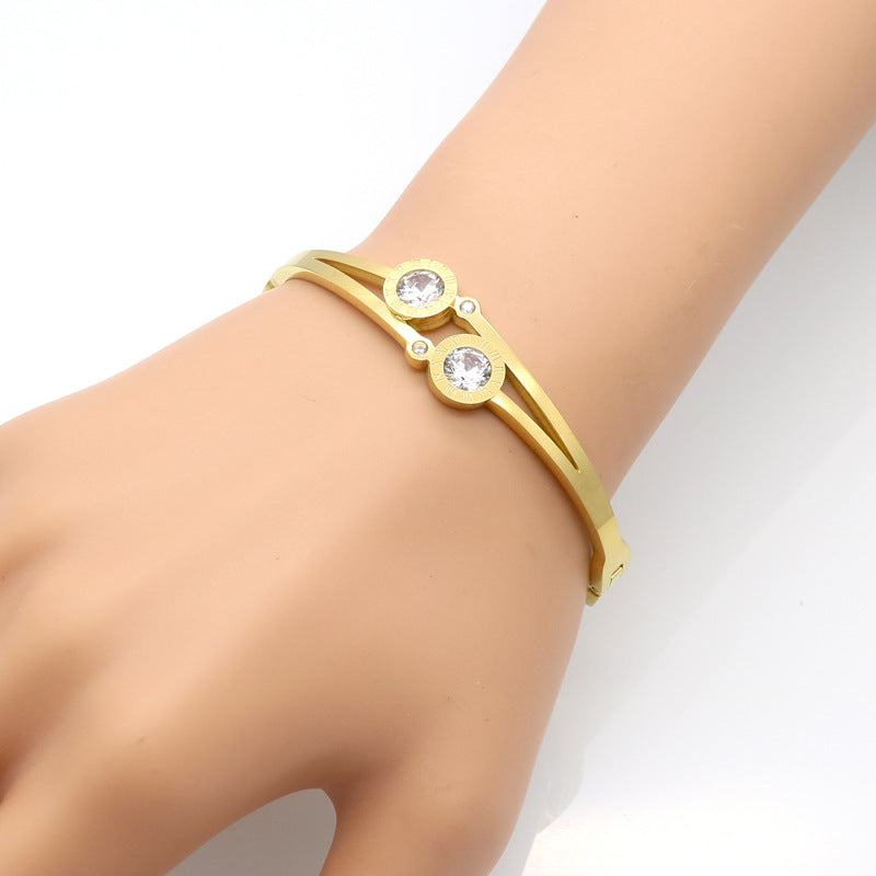 New Roman letter set double diamond zircon bracelet with snap opening titanium rose gold stainless steel bracelet accessory