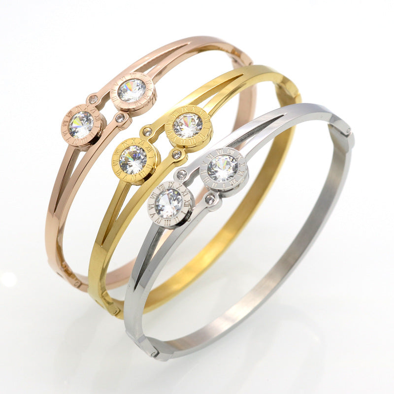 New Roman letter set double diamond zircon bracelet with snap opening titanium rose gold stainless steel bracelet accessory