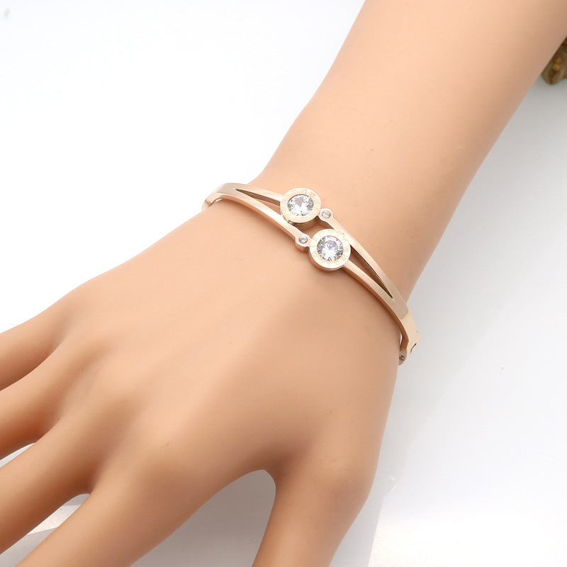 New Roman letter set double diamond zircon bracelet with snap opening titanium rose gold stainless steel bracelet accessory