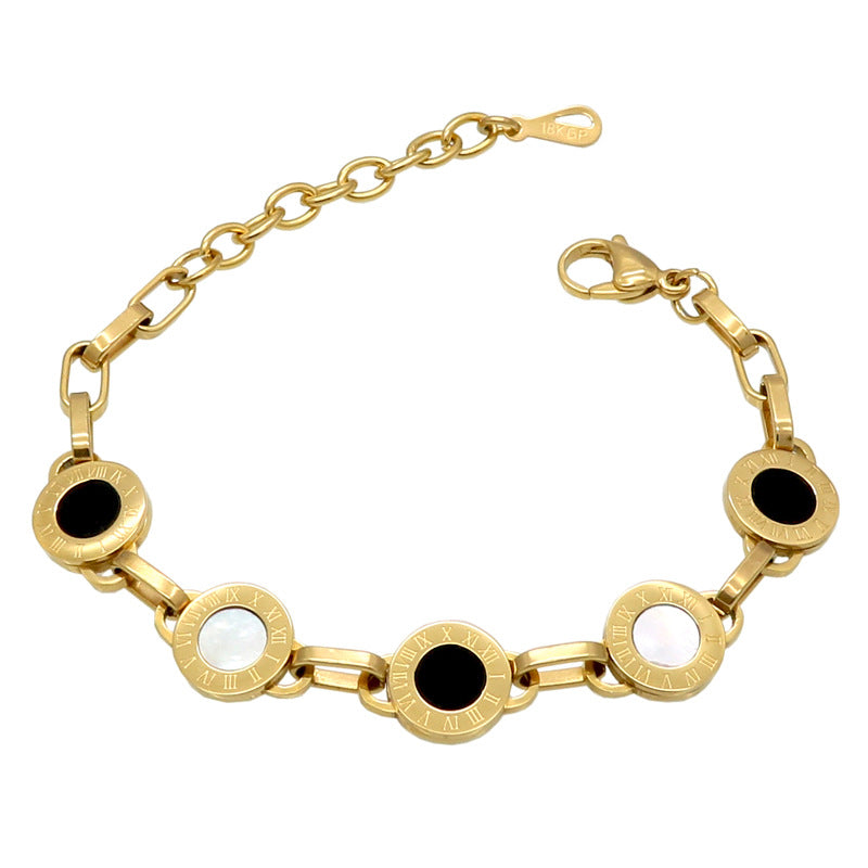 Popular round brand shell Roman numerals bracelet men's and women's bracelet titanium steel black and white shell matching bracelet