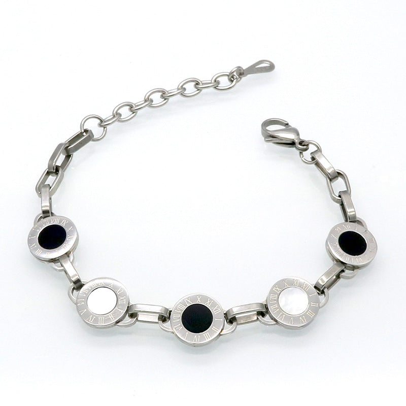 Popular round brand shell Roman numerals bracelet men's and women's bracelet titanium steel black and white shell matching bracelet