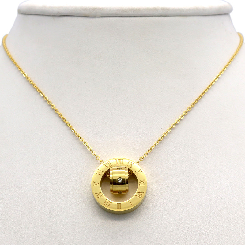 European and American fashion temperament Roman numerals diamond necklace couple men and women plated 18k double ring transfer bead necklace