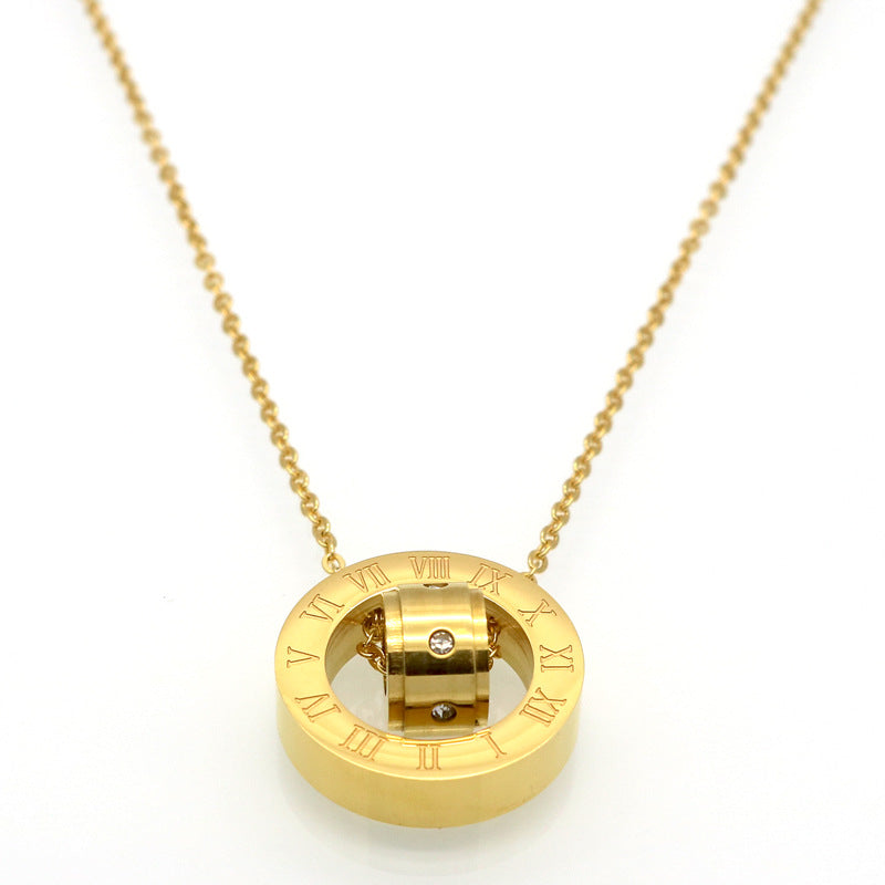 European and American fashion temperament Roman numerals diamond necklace couple men and women plated 18k double ring transfer bead necklace