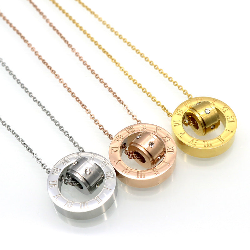 European and American fashion temperament Roman numerals diamond necklace couple men and women plated 18k double ring transfer bead necklace