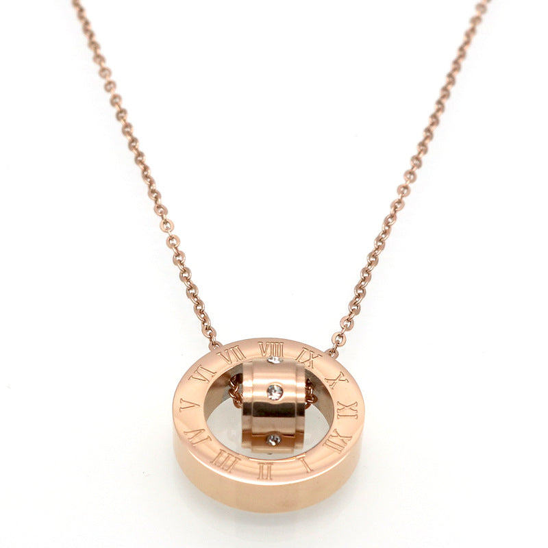 European and American fashion temperament Roman numerals diamond necklace couple men and women plated 18k double ring transfer bead necklace