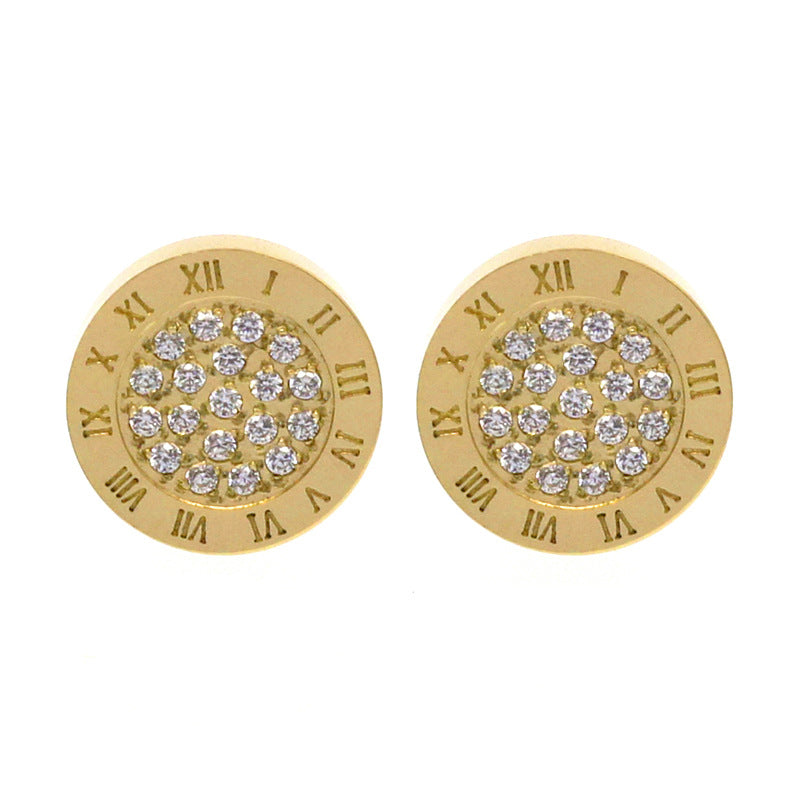 Fashion New Hot Sale 316L Stainless Steel 18k Rose Gold Jewelry Roman Numerals Diamond Stud Earrings Jewelry
