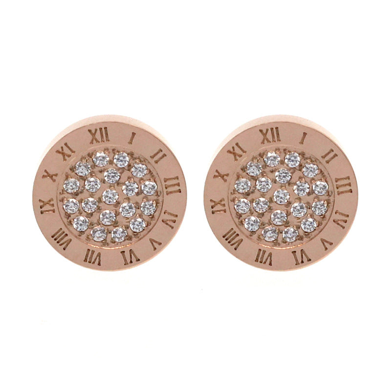 Fashion New Hot Sale 316L Stainless Steel 18k Rose Gold Jewelry Roman Numerals Diamond Stud Earrings Jewelry