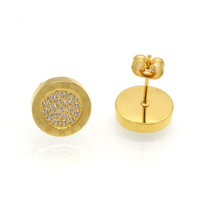 Fashion New Hot Sale 316L Stainless Steel 18k Rose Gold Jewelry Roman Numerals Diamond Stud Earrings Jewelry