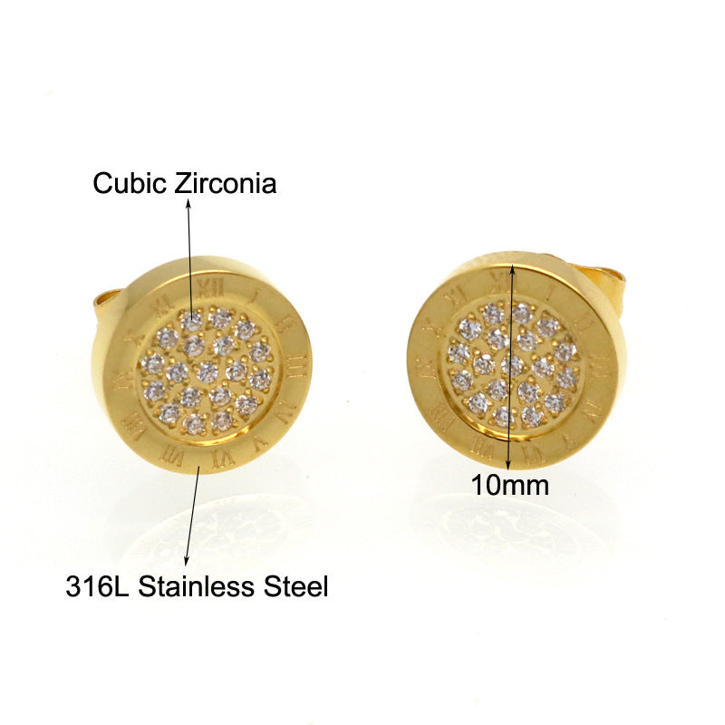 Fashion New Hot Sale 316L Stainless Steel 18k Rose Gold Jewelry Roman Numerals Diamond Stud Earrings Jewelry