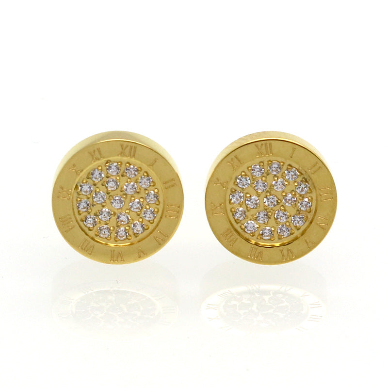 Fashion New Hot Sale 316L Stainless Steel 18k Rose Gold Jewelry Roman Numerals Diamond Stud Earrings Jewelry