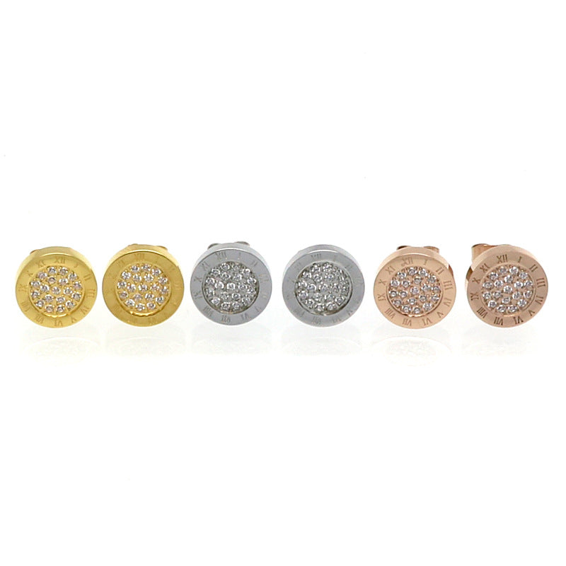 Fashion New Hot Sale 316L Stainless Steel 18k Rose Gold Jewelry Roman Numerals Diamond Stud Earrings Jewelry