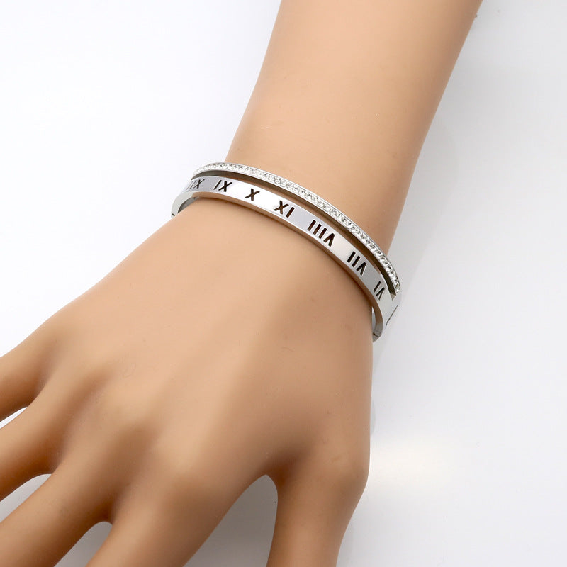 Stylish Roman character with diamonds, buckle opening hollow stainless steel bracelet decoration