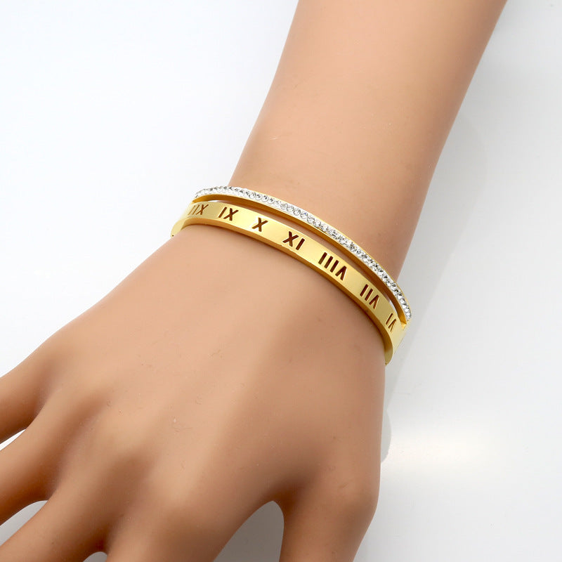 Stylish Roman character with diamonds, buckle opening hollow stainless steel bracelet decoration
